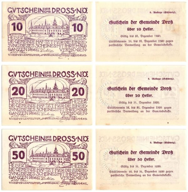 AUSTRIA Dross (8th issue) 1920 local banknotes lot / Notgeld / 3 pcs. XF+
