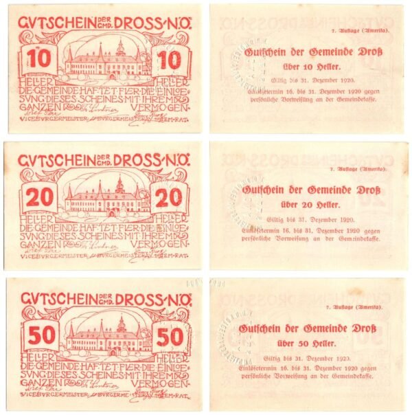 AUSTRIA Dross (7th issue) 1920 local banknotes lot / Notgeld / 3 pcs. XF+