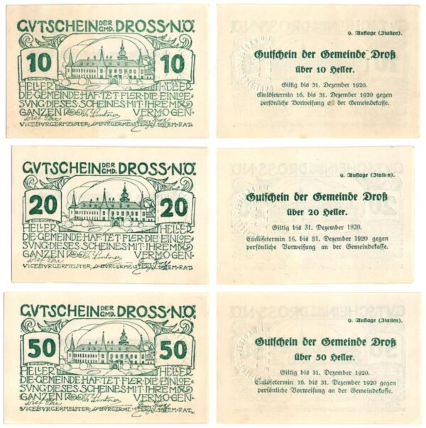 AUSTRIA Dross (9th issue) 1920 local banknotes lot / Notgeld / 3 pcs. UNC