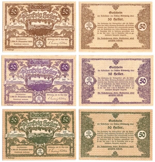 AUSTRIA Göttweig Abbey 1920 local banknotes lot / Notgeld / 3 pcs. UNC