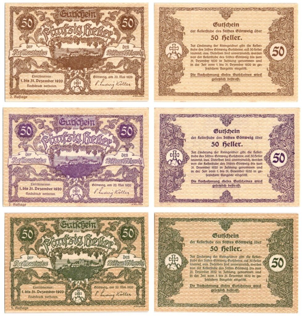 AUSTRIA Göttweig Abbey 1920 local banknotes lot / Notgeld / 3 pcs. UNC