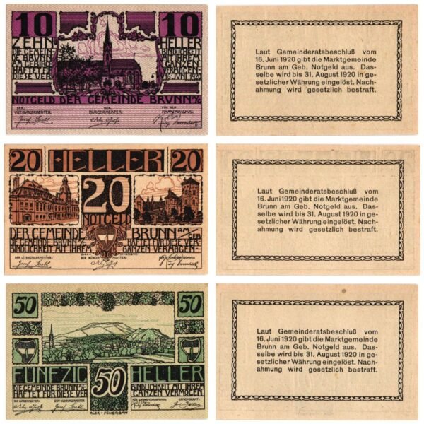 AUSTRIA Brunn am Gebirge 1920 local banknotes lot / Notgeld / 3 pcs. UNC