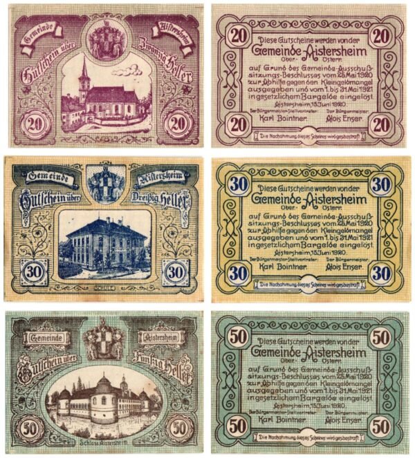 AUSTRIA Aistersheim 1920 local banknotes lot / Notgeld / 3 pcs. UNC-