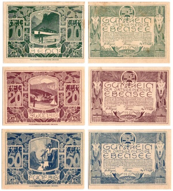 AUSTRIA Ebensee 1920 local banknotes lot / Notgeld / 3 pcs. VF+