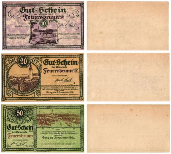 AUSTRIA Feuersbrunn 1920 local banknotes lot / Notgeld / 3 pcs. UNC-