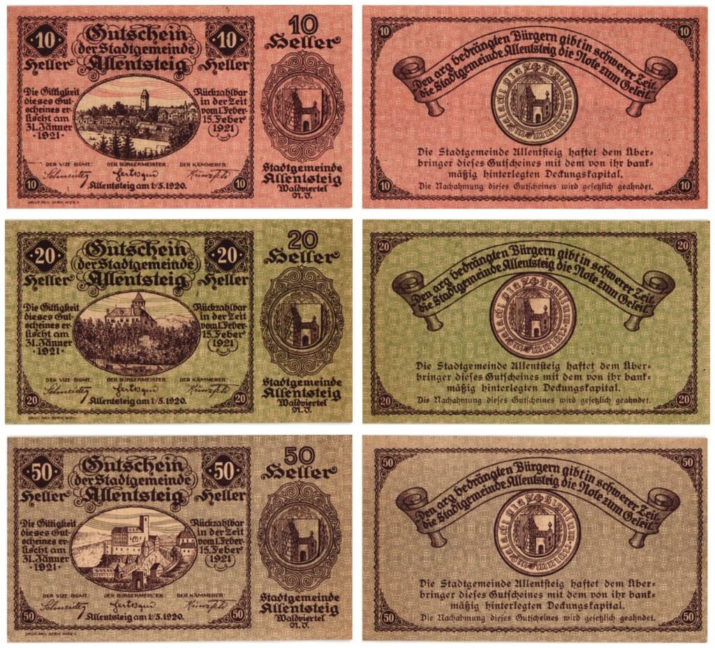 AUSTRIA Allentsteig 1920 serija lokalnih novčanica / Notgeld / 3 kom. UNC