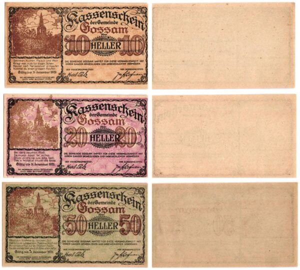 AUSTRIA Gossam 1920 local banknotes lot / Notgeld / 3 pcs. UNC