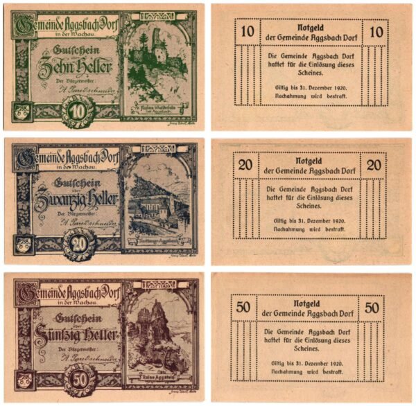 AUSTRIA Aggsbach Dorf 1920 local banknotes lot / Notgeld / 3 pcs. UNC