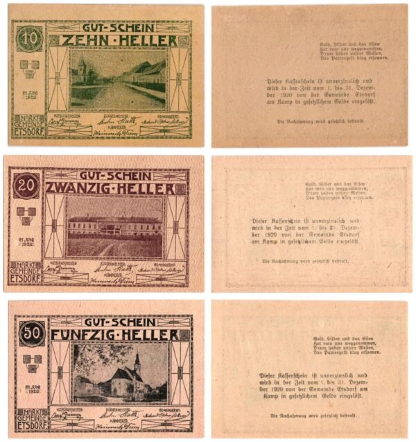 AUSTRIA Etsdorf am Kamp 1920 local banknotes lot / Notgeld / 3 pcs. UNC