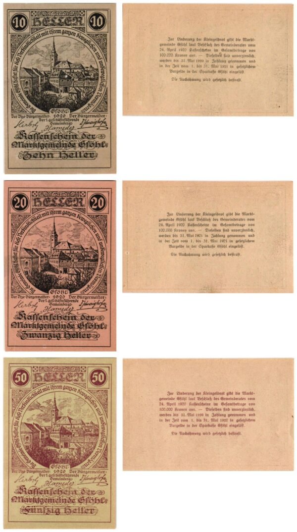 AUSTRIA Gföhl 1920 local banknotes lot / Notgeld / 3 pcs. UNC