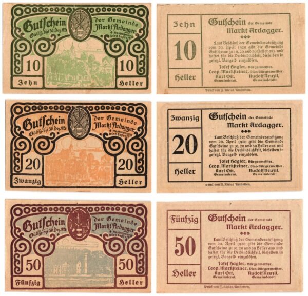AUSTRIA Markt Ardagger 1920 local banknotes lot / Notgeld / 3 pcs. XF