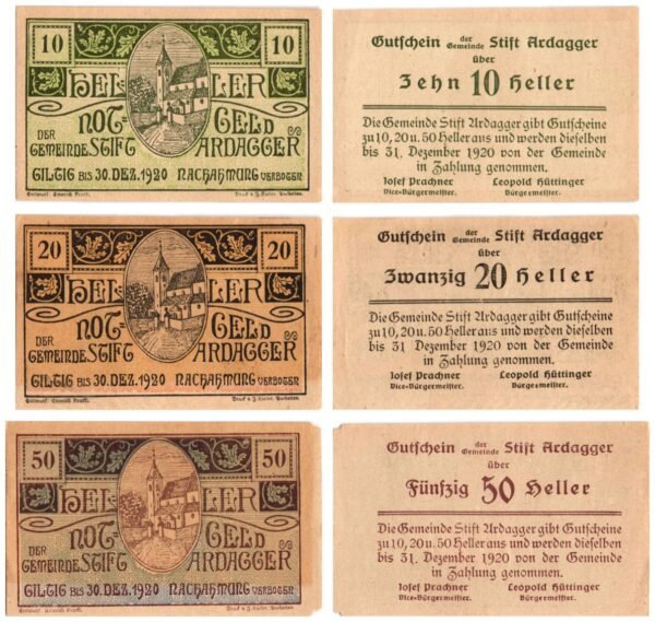 AUSTRIA Stift Ardagger (Abbey) 1920 local banknotes lot / Notgeld / 3 pcs. VF