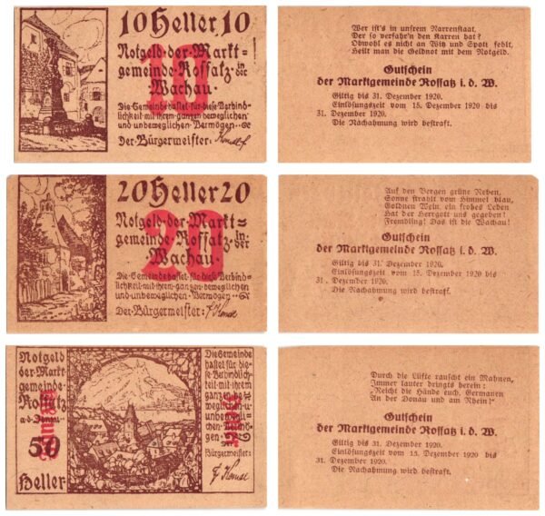 AUSTRIA Rossatz (Wachau) 1920 local banknotes lot / Notgeld / 3 pcs. UNC