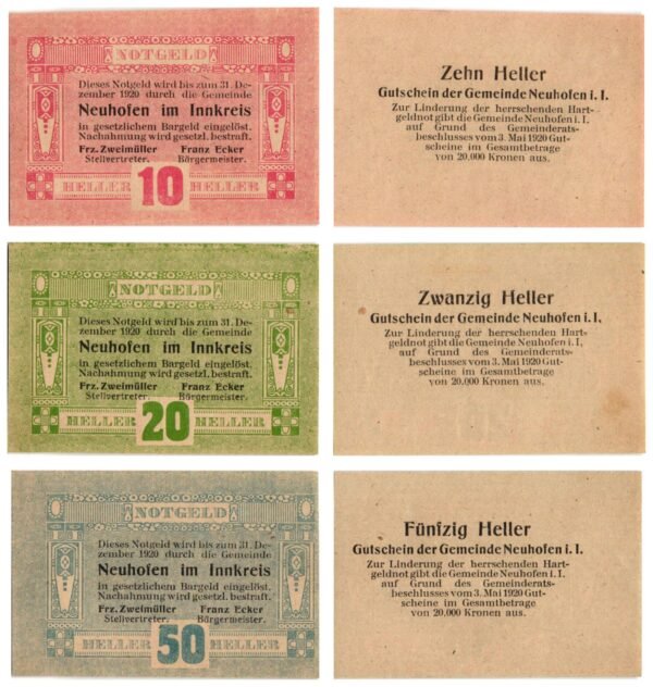 AUSTRIA Neuhofen im Innkreis 1920 local banknotes lot / Notgeld / 3 pcs. UNC-