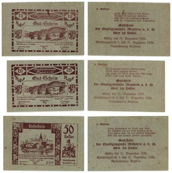 AUSTRIA Mautern an der Donau (Grey) 1920 local banknotes lot / Notgeld / 3 pcs. VF+