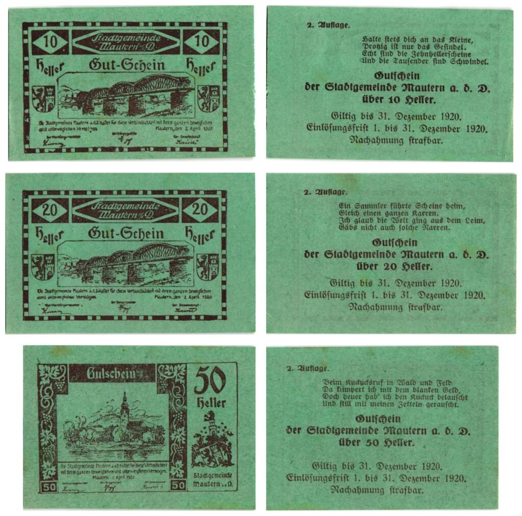 AUSTRIA Mautern an der Donau (Green) 1920 local banknotes lot / Notgeld / 3 pcs. VF+
