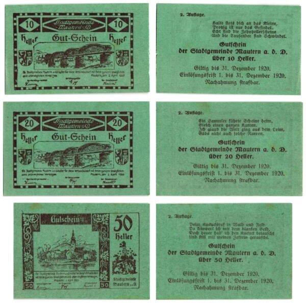 AUSTRIA Mautern an der Donau (Green) 1920 local banknotes lot / Notgeld / 3 pcs. VF+