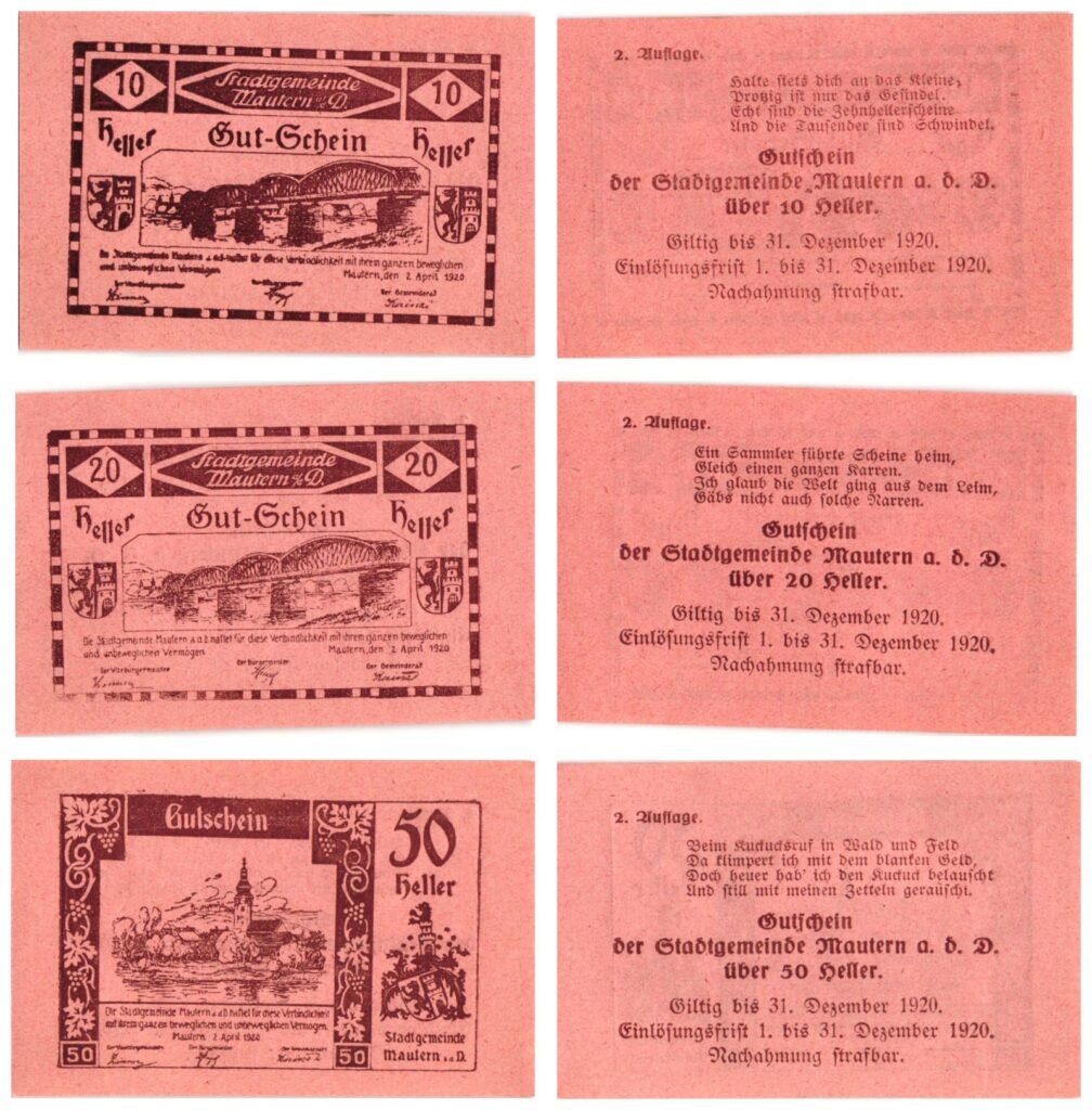 AUSTRIA Mautern an der Donau (Red) 1920 local banknotes lot / Notgeld / 3 pcs. UNC