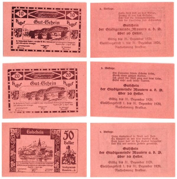 AUSTRIA Mautern an der Donau (Red) 1920 local banknotes lot / Notgeld / 3 pcs. UNC