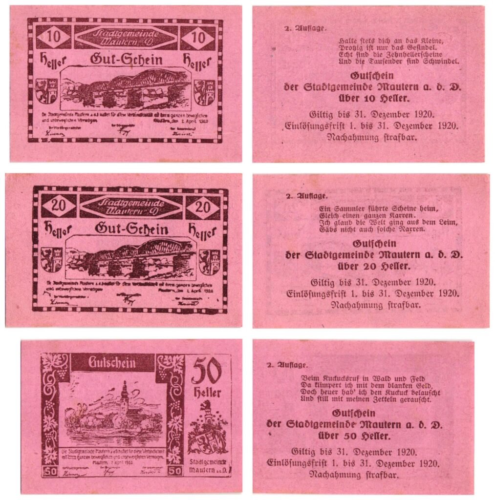 AUSTRIA Mautern an der Donau (Pink) 1920 local banknotes lot / Notgeld / 3 pcs. UNC-