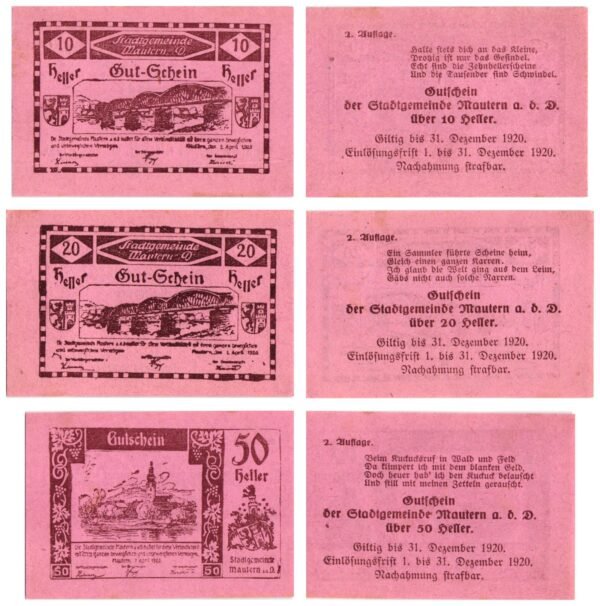 AUSTRIA Mautern an der Donau (Pink) 1920 local banknotes lot / Notgeld / 3 pcs. UNC-