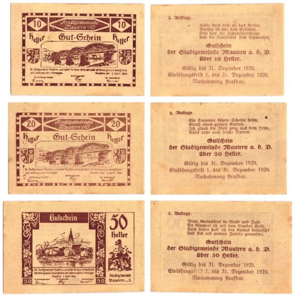 AUSTRIA Mautern an der Donau (Tan) 1920 local banknotes lot / Notgeld / 3 pcs. UNC-