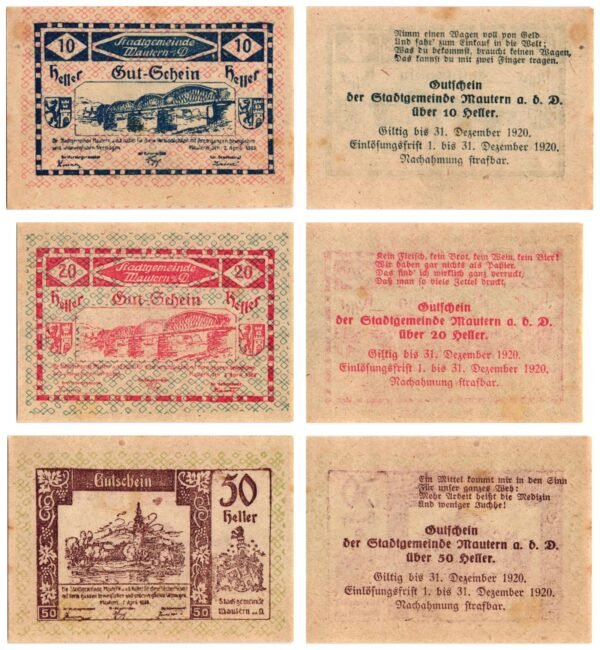 AUSTRIA Mautern an der Donau (Pattern) 1920 local banknotes lot / Notgeld / 3 pcs. XF+