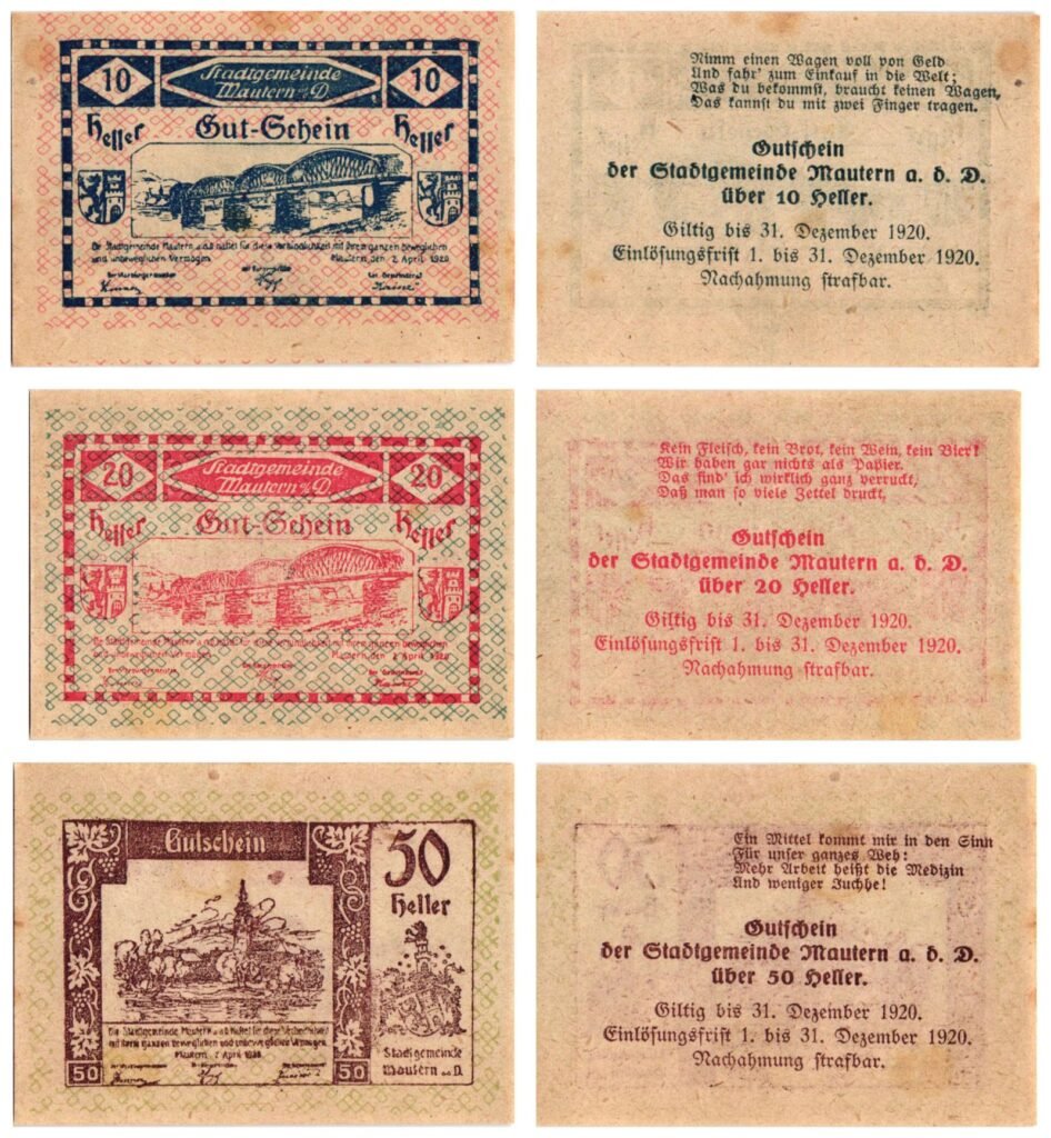 AUSTRIA Mautern an der Donau (Pattern) 1920 local banknotes lot / Notgeld / 3 pcs. XF+