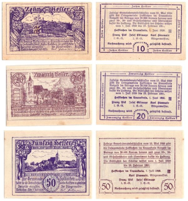 AUSTRIA Hofkirchen im Traunkreis 1920 local banknotes lot / Notgeld / 3 pcs. XF