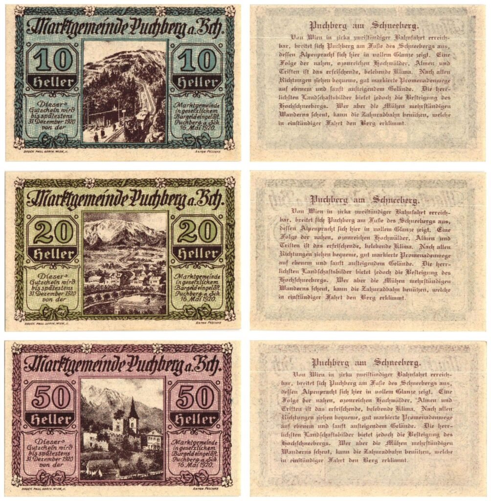 AUSTRIA Puchberg am Schneeberg 1920 local banknotes lot / Notgeld / 3 pcs. UNC