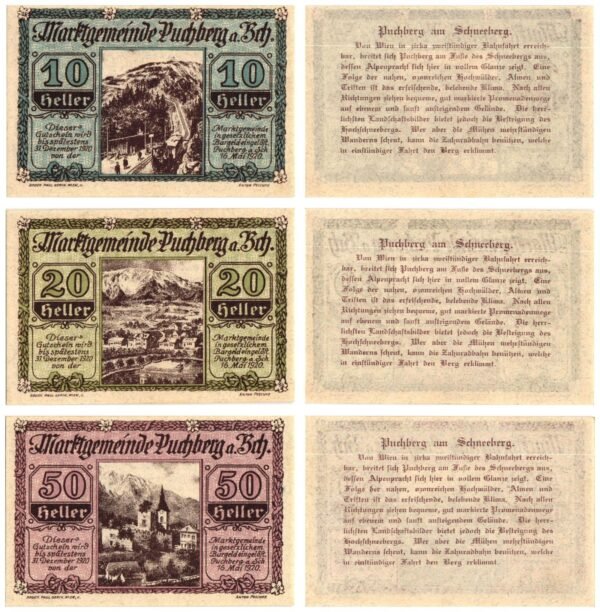AUSTRIA Puchberg am Schneeberg 1920 local banknotes lot / Notgeld / 3 pcs. UNC