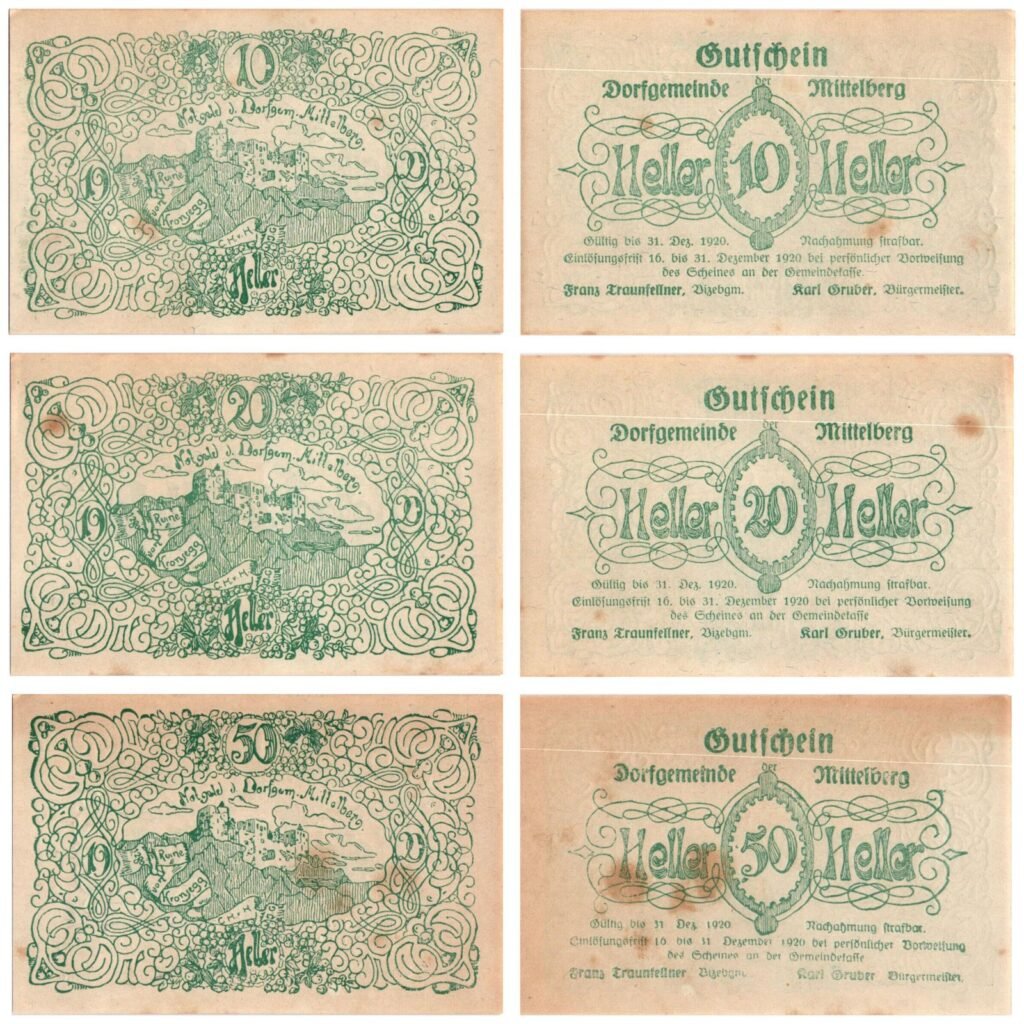 AUSTRIA Mittelberg (Green) 1920 local banknotes lot / Notgeld / 3 pcs. VF