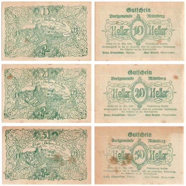AUSTRIA Mittelberg (Green) 1920 local banknotes lot / Notgeld / 3 pcs. VF