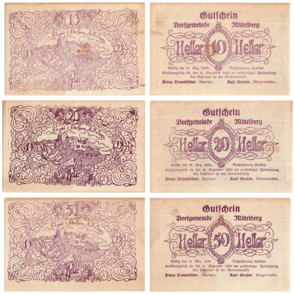 AUSTRIA Mittelberg (Purple) 1920 local banknotes lot / Notgeld / 3 pcs. VF
