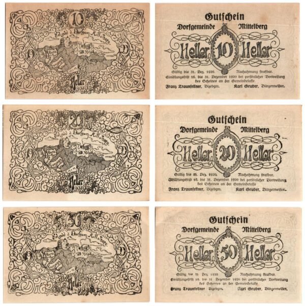 AUSTRIA Mittelberg (Black) 1920 local banknotes lot / Notgeld / 3 pcs. VF+