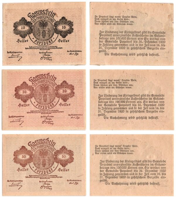 AUSTRIA Poysdorf 1920 local banknotes lot / Notgeld / 3 pcs. XF+