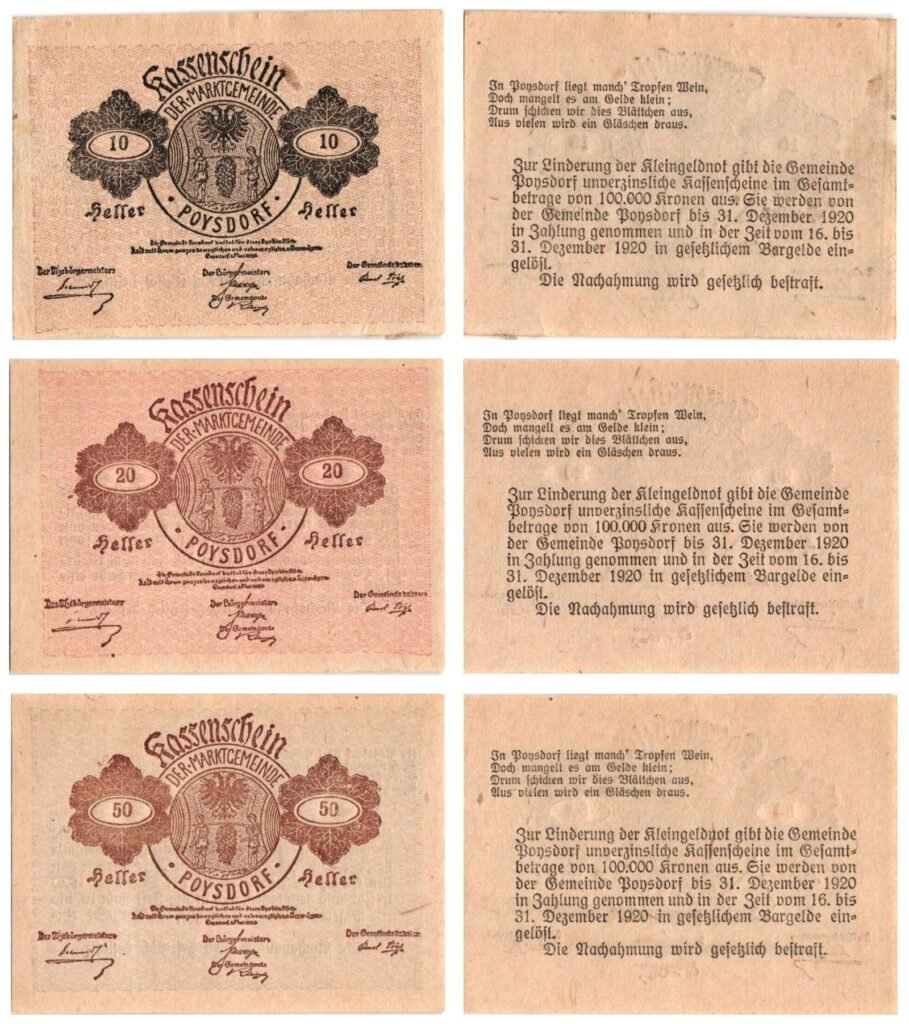 AUSTRIA Poysdorf 1920 local banknotes lot / Notgeld / 3 pcs. XF+