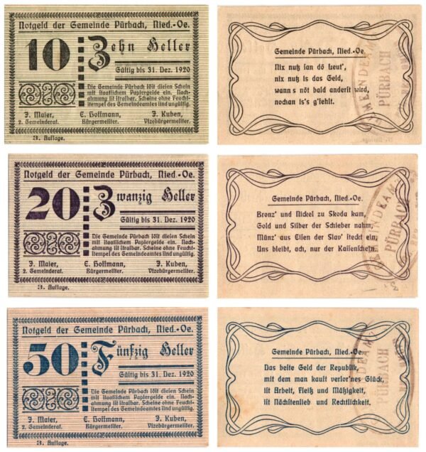 AUSTRIA Pürbach 1920 local banknotes lot / Notgeld / 3 pcs. UNC-