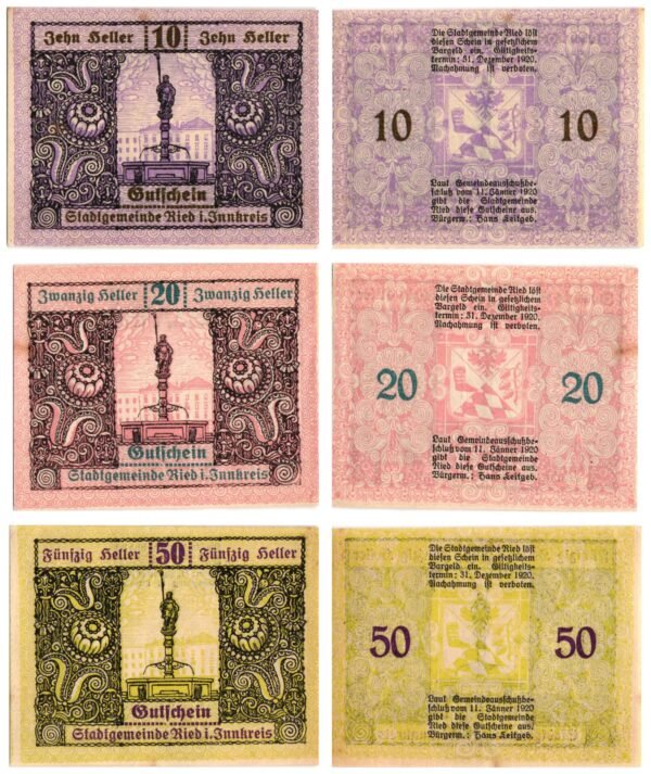AUSTRIA Ried im Innkreis 1920 local banknotes lot / Notgeld / 3 pcs. UNC-