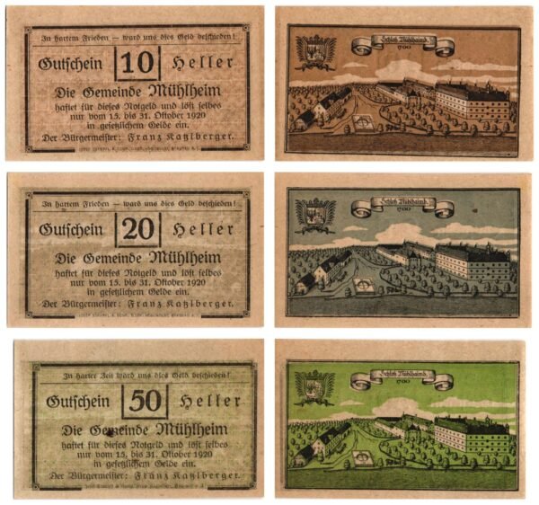 AUSTRIA Mühlheim am Inn 1920 local banknotes lot / Notgeld / 3 pcs. UNC