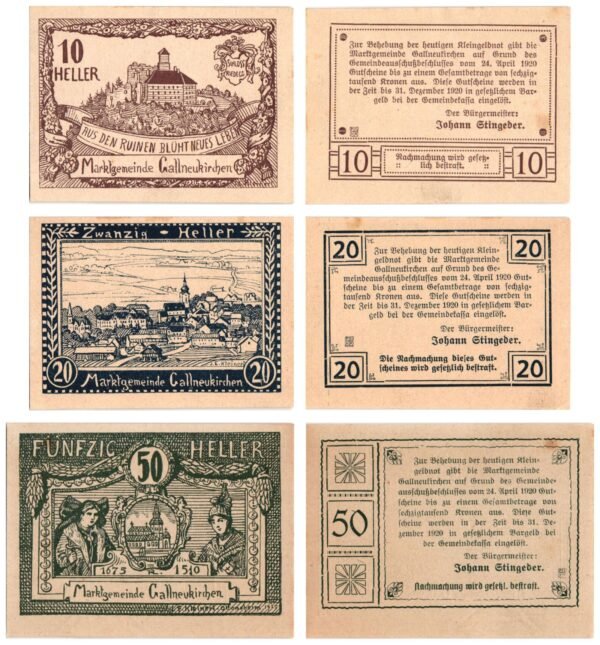 AUSTRIA Gallneukirchen 1920 local banknotes lot / Notgeld / 3 pcs. UNC-