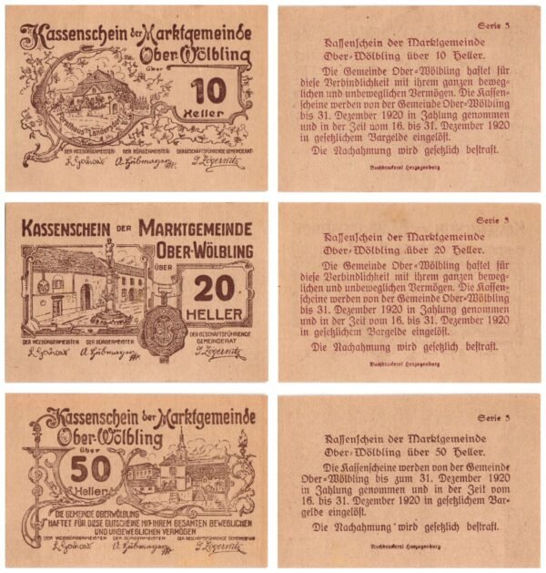 AUSTRIA Ober-Wölbling (Series 3) 1920 local banknotes lot / Notgeld / 3 pcs. UNC