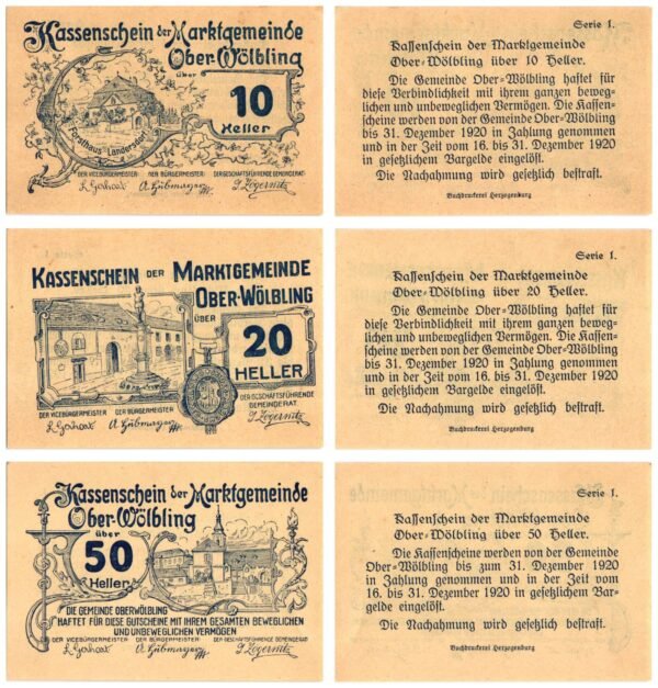 AUSTRIA Ober-Wölbling (Series 1) 1920 local banknotes lot / Notgeld / 3 pcs. UNC