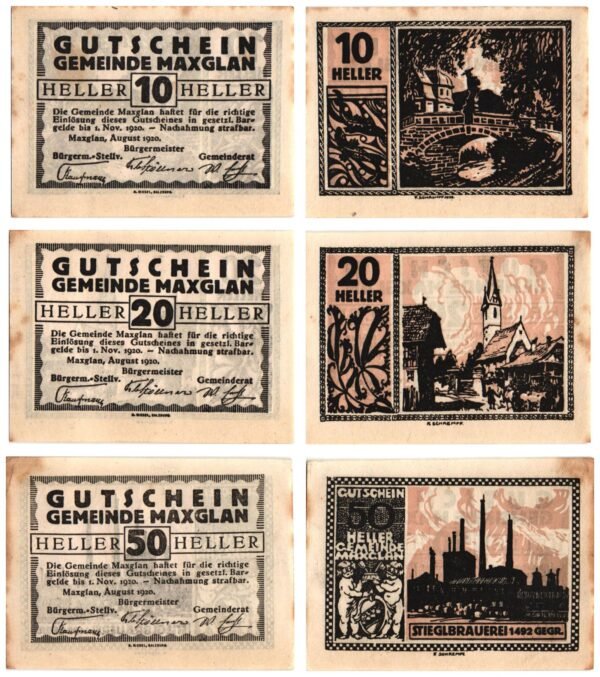 AUSTRIA Maxglan (Salzburg) 1920 local banknotes lot / Notgeld / 3 pcs. VF