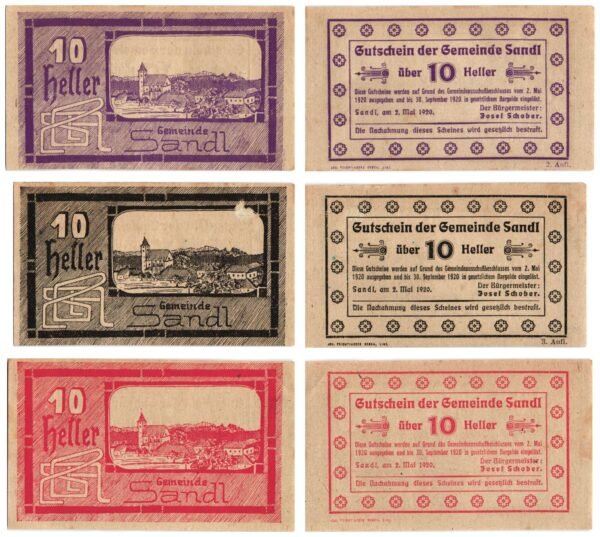 AUSTRIA Sandl 1920 local banknotes lot / Notgeld / 3 pcs. UNC-