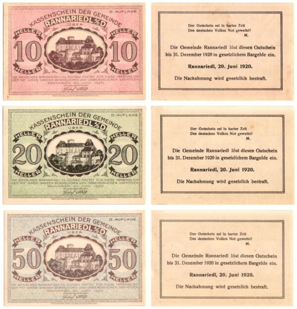 AUSTRIA Rannariedl an der Donau (II. Auflage) 1920 local banknotes lot / Notgeld / 3 pcs. UNC-