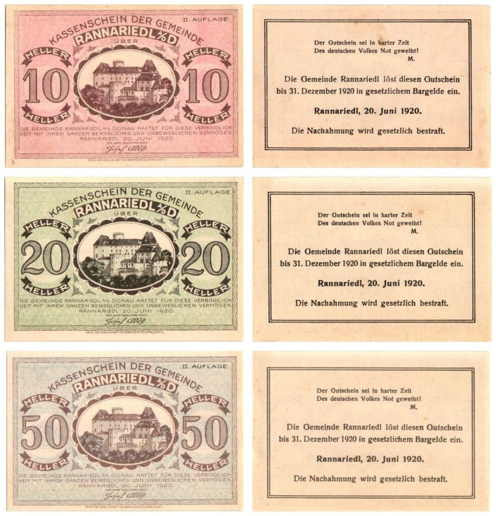 AUSTRIA Rannariedl an der Donau (II. Auflage) 1920 local banknotes lot / Notgeld / 3 pcs. UNC-
