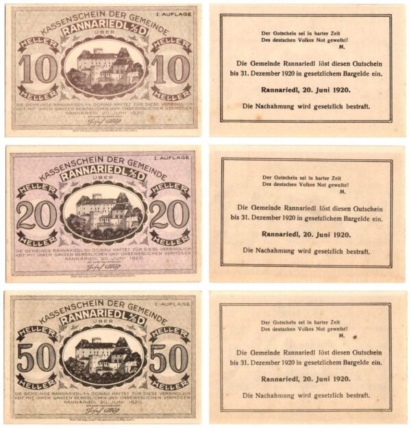 AUSTRIA Rannariedl an der Donau (I. Auflage) 1920 local banknotes lot / Notgeld / 3 pcs. UNC-