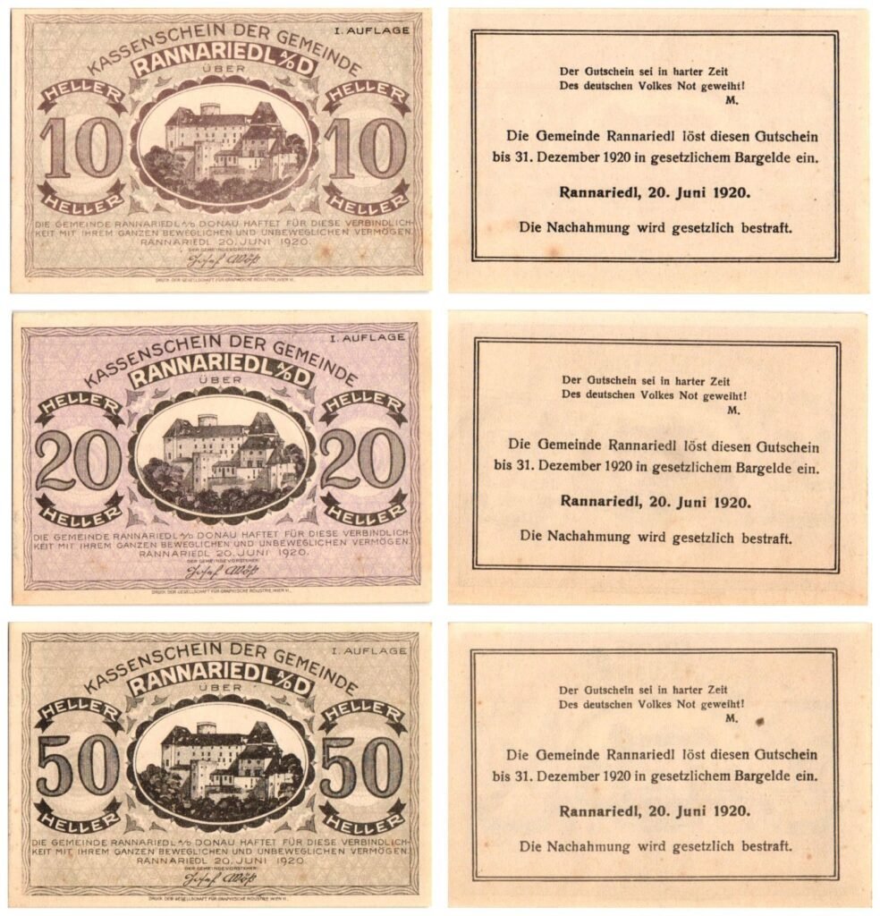 AUSTRIA Rannariedl an der Donau (I. Auflage) 1920 local banknotes lot / Notgeld / 3 pcs. UNC-