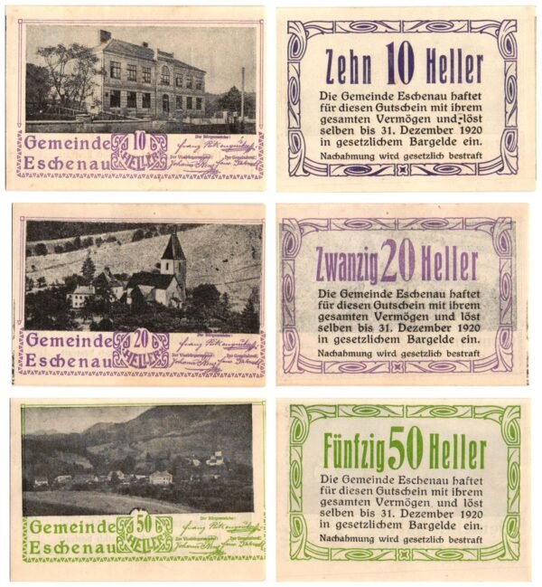 AUSTRIA Eschenau (Purple/Green) 1920 local banknotes lot / Notgeld / 3 pcs. UNC